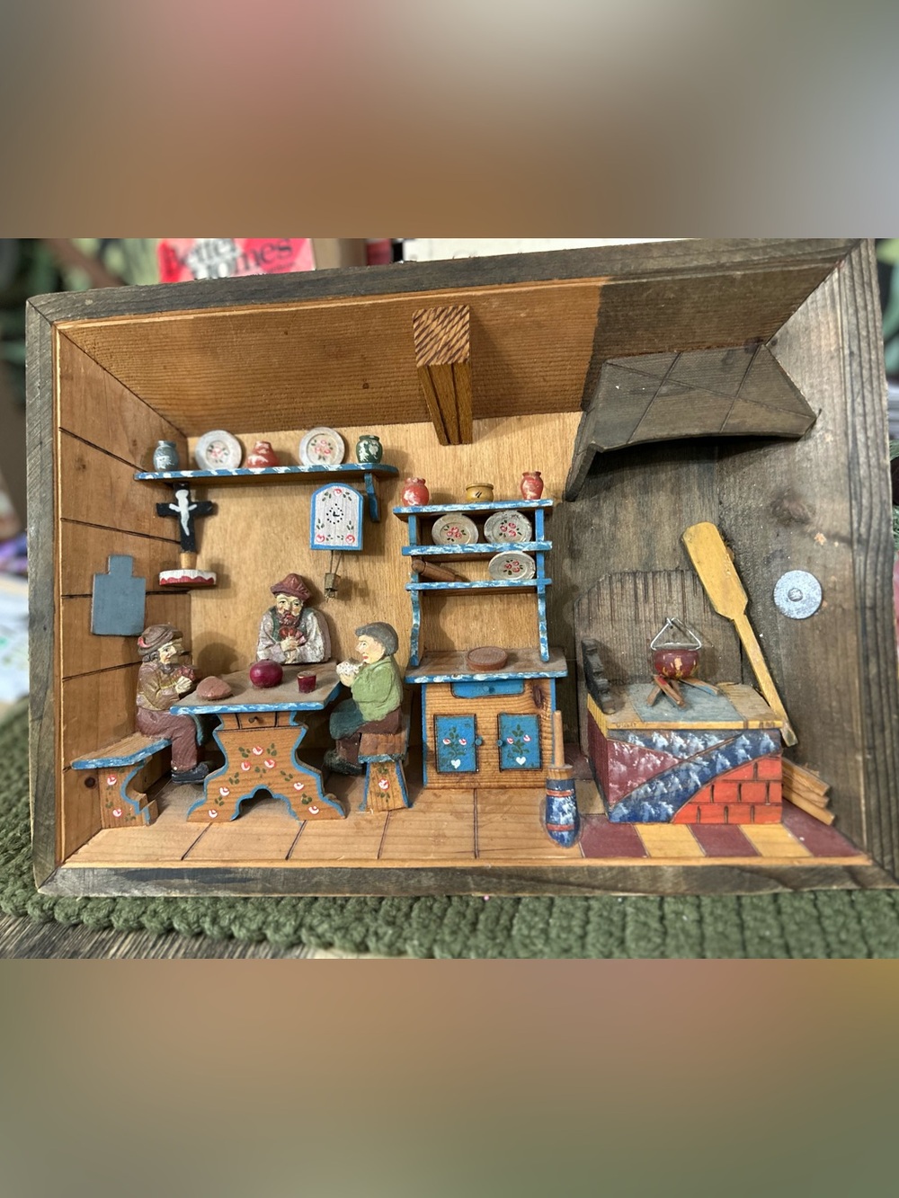 Vintage Wooden Miniature Kitchen Diorama Folk Art Cottage Scene